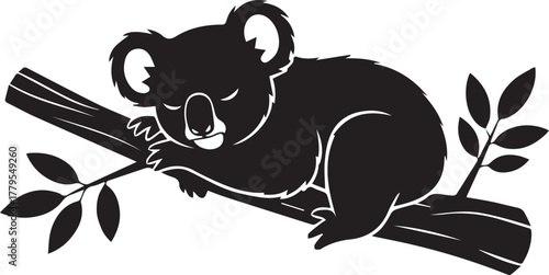 Adorable black silhouette of a koala sleeping peacefully on a eucalyptus tree branch