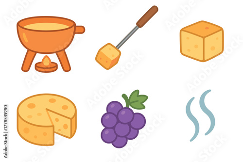 Cheese fondue set with assorted cheese and grapes for party fun. Set of 6 vector illustration