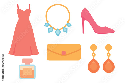 Fashion essentials for a stylish night out with elegant accessories. Set of 6 vector illustration