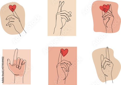 Minimalist hand gestures with red heart symbols, love and care concept, emotional connection, romantic expression, modern vector illustration for stock content