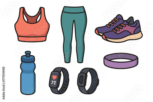 Active lifestyle essentials for fitness and workout motivation. Set of 6 vector illustration