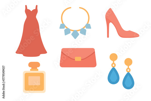 Fashion essentials for a glamorous evening event outfit design. Set of 6 vector illustration