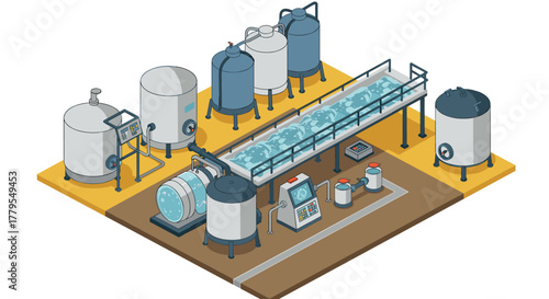 Isometric water treatment plant with tanks and equipment