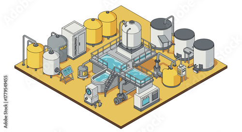 Isometric industrial factory layout with tanks and machinery in 3d design