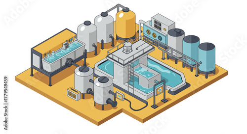 Isometric industrial water treatment plant with tanks and pipelines on yellow platform