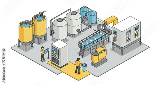 Isometric brewery production line with tanks and control panels