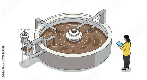 Isometric industrial water treatment facility with worker using tablet