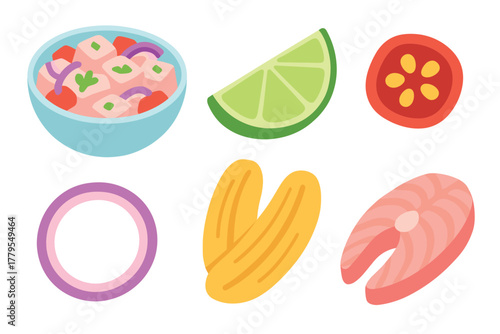 Colorful ingredients for tropical ceviche and fresh seafood dish. Set of 6 vector illustration