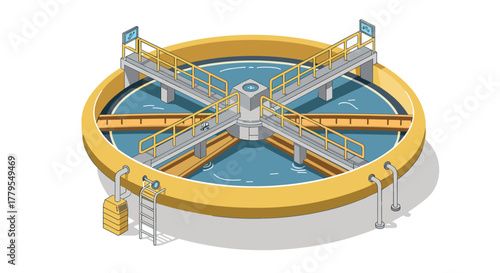 Isometric water treatment plant facility with circular settling tank and walkways