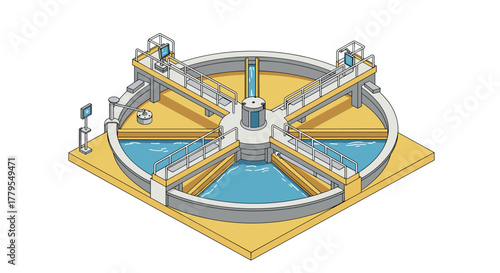 Isometric water treatment facility design with crosssectional view and infrastructure details