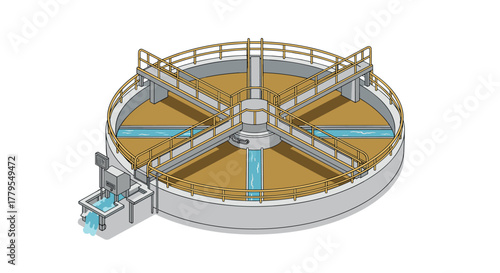 Isometric water treatment facility with circular sedimentation tank design