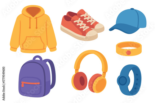 Casual outfit essentials for daily adventures and activities. Set of 6 vector illustration