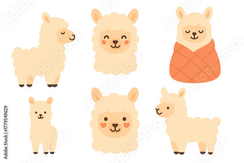 Cute llamas in cozy poses for fun designs and decorations. Set of 6 vector illustration