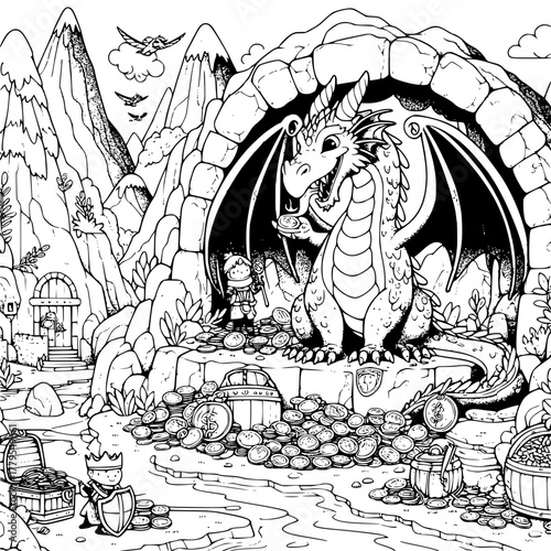 Black and White Children’s Coloring Page of a Dragon’s Lair – Mythical Creature Illustration
