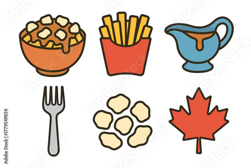 Delicious Canadian dishes including poutine and maple syrup. Set of 6 vector illustration