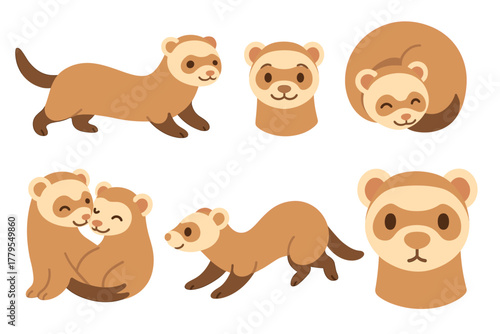 Cute ferrets in various playful poses for fun art design. Set of 6 vector illustration