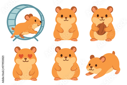 Cute hamsters engaging in playful activities and expressions. Set of 6 vector illustration