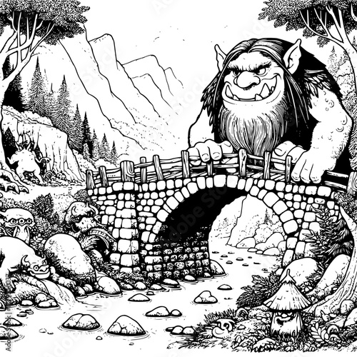 Black and White Children’s Coloring Page of a Troll Bridge – Mythical Creature Illustration

