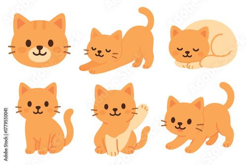 Cute orange cats showing different poses and expressions for fun. Set of 6 vector illustration