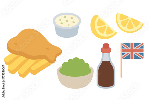 British cuisine favorites featuring fish and chips and condiments. Set of 6 vector illustration