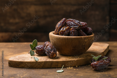 Dates in wooden bowl on rustic table, natural sweet dried fruit, healthy organic snack
