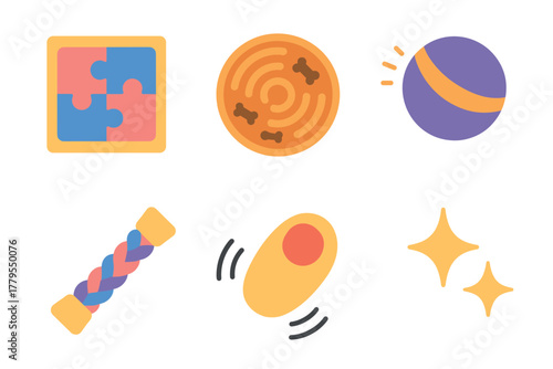 Playful pet toys in bright colors for fun activities at home. Set of 6 vector illustration