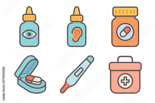 Health symbols eye and ear drops with medication. Set of 6 vector illustration