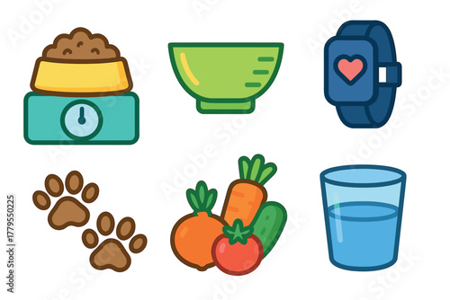 Pet care essentials for a healthy and happy life. Set of 6 vector illustration