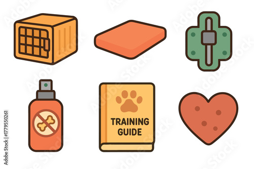 Pet training essentials for effective and enjoyable sessions. Set of 6 vector illustration