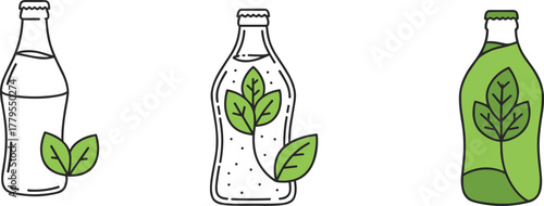 Eco friendly bottle illustration, green leaf packaging, organic product icon, sustainable container design, nature inspired label, biodegradable bottle concept vector