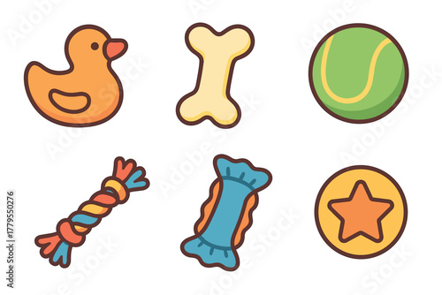 Fun collection of colorful dog toys for playful pets and dog lovers. Set of 6 vector illustration