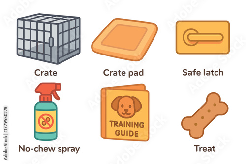 Essential dog training items for a successful pet education setup. Set of 6 vector illustration