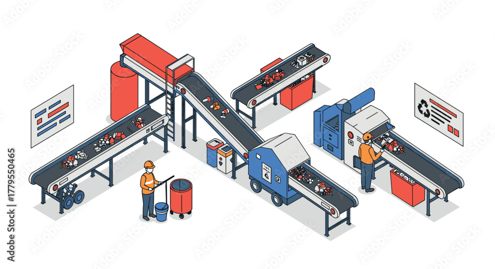Obraz premium Isometric factory conveyor system with recycling process and workers
