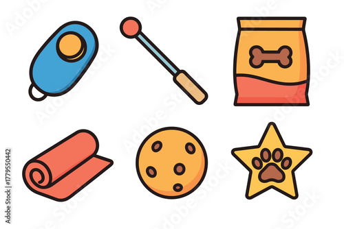 Pet care essentials for playful moments and training sessions. Set of 6 vector illustration