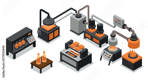 Isometric industrial manufacturing process with modern equipment and machinery