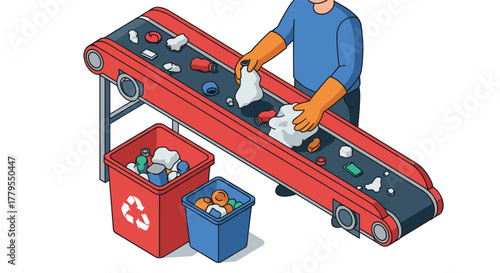 Worker sorting recyclable materials on conveyor belt in isometric style