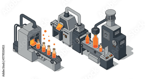 Automated beverage production line in isometric style