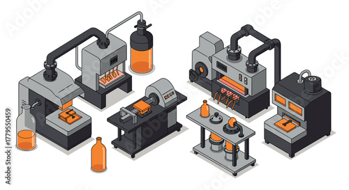 Isometric brewery equipment with orange accents for craft brewing process