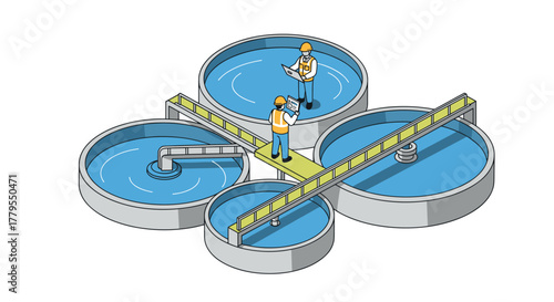 Isometric water treatment plant with engineers overseeing circular tanks