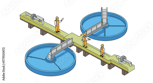 Isometric water treatment facility with engineers inspecting circular tanks