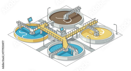 Isometric water treatment plant with circular tanks and bridge pathways in flat design