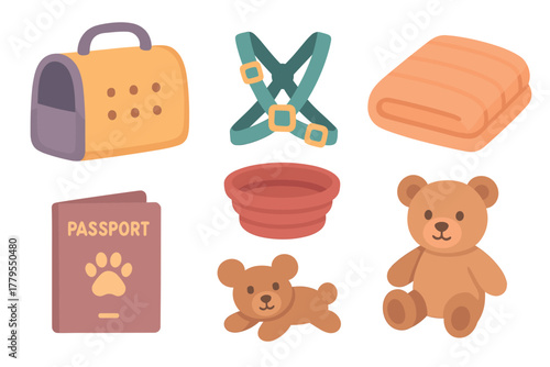 Pet travel essentials for an adventure with your furry friend. Set of 6 vector illustration