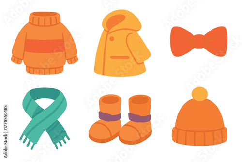 Warm and cheerful winter clothing for kids in bright colors. Set of 6 vector illustration