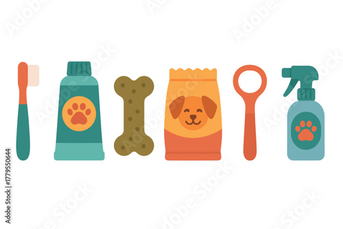 Essential pet care items for dogs and grooming supplies. Set of 6 vector illustration