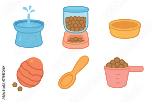 Pet feeding supplies bowls and scoops for meals. Set of 6 vector illustration