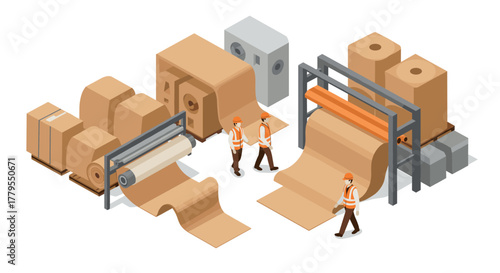 Isometric paper manufacturing process with industrial machinery and workers