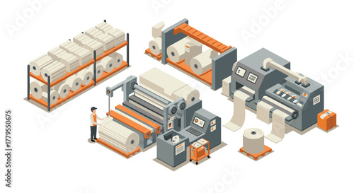 Modern paper production equipment in isometric design for industry and manufacturing concepts
