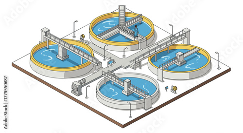 Isometric wastewater treatment plant with circular clarifiers and walkways