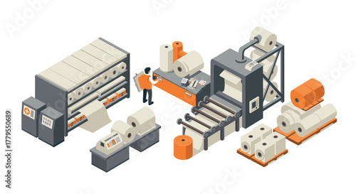 Modern paper production process in isometric industrial factory setting