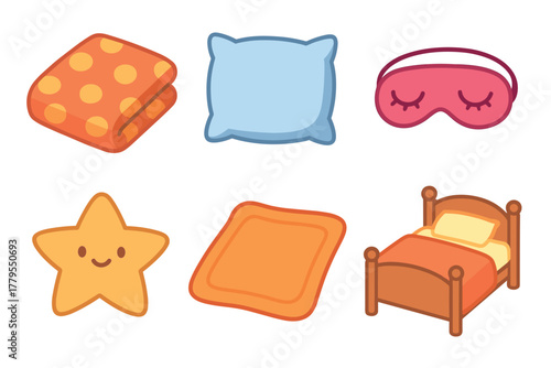 Cozy bedtime essentials for a restful night. Set of 6 vector illustration